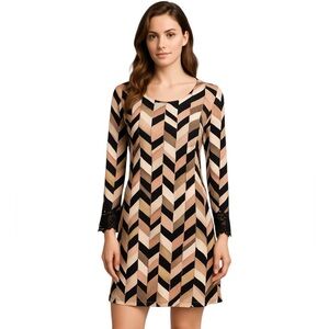 Robert Louis NWT Dress Retro Neutral Chevron Geometric Print Lace Cuff size S